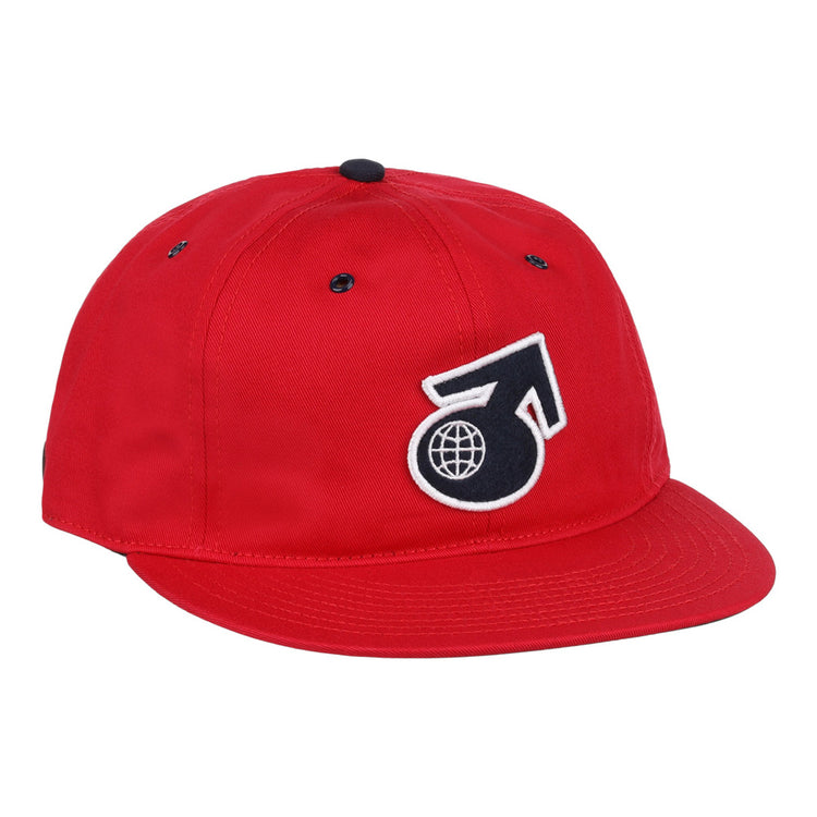 The Ebbets Field Seattle Rainiers MiLB Cotton Ballcap is a red cap with a black and white embroidered masculine symbol and globe logo on the front.