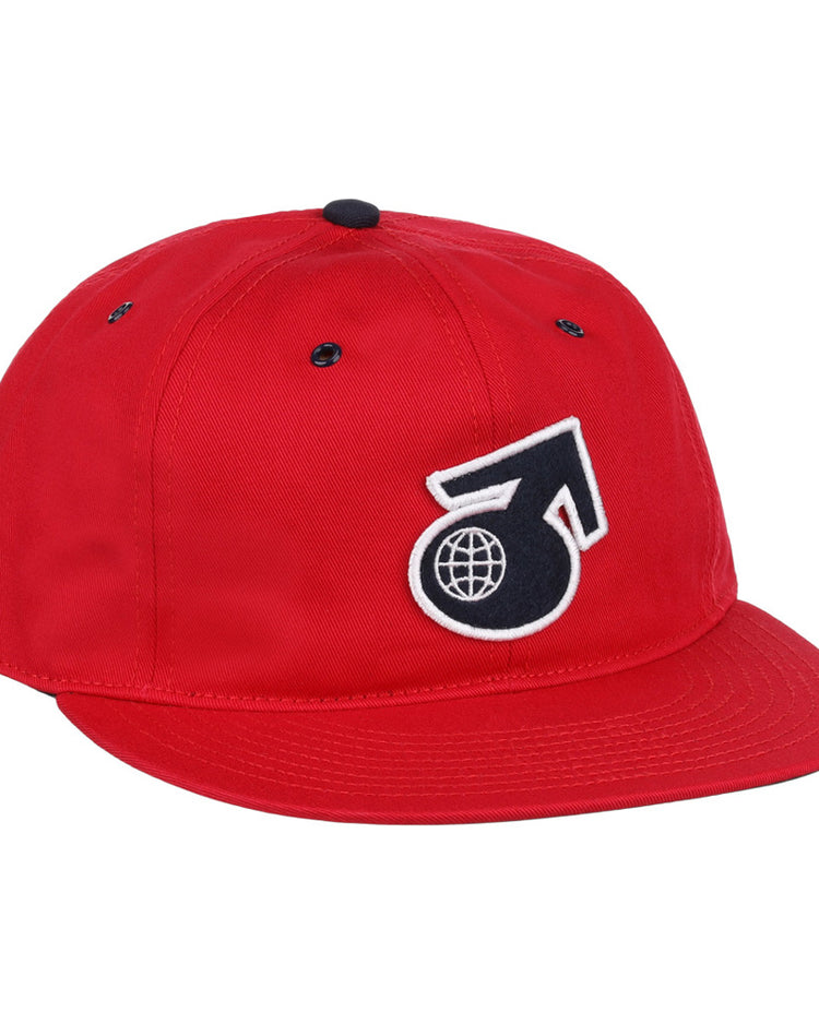 The Ebbets Field Seattle Rainiers MiLB Cotton Ballcap is a red cap with a black and white embroidered masculine symbol and globe logo on the front.