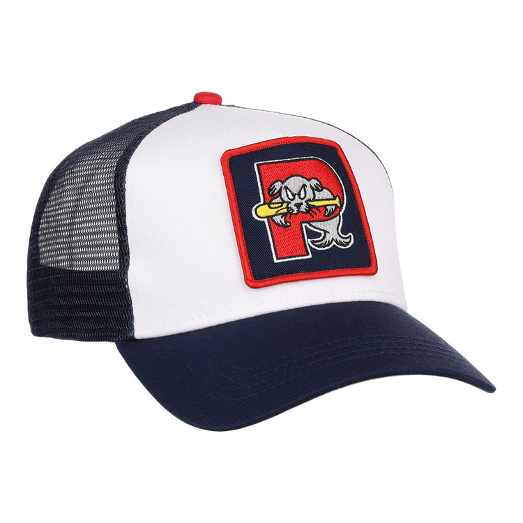 The Ebbets Field Portland Sea Dogs MiLB Trucker Ballcap features a white front, navy blue bill and mesh back, plus a patch with a stylized fish holding a bat inside a red-bordered 