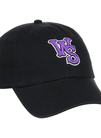 The Ebbets Field Winston-Salem Dash MiLB Dad Ballcap is a black cap featuring unique inverted “WS” letters in purple and white embroidery on the front.