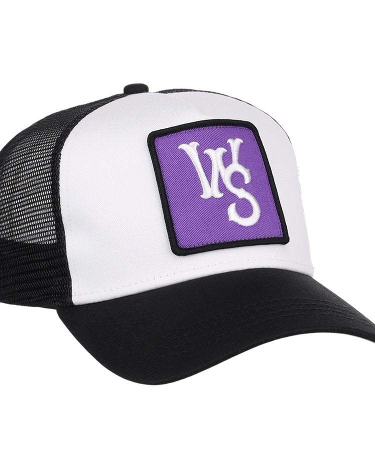 The Winston-Salem Dash MiLB Trucker Ballcap by Ebbets Field features a black and white design with a purple patch displaying white 
