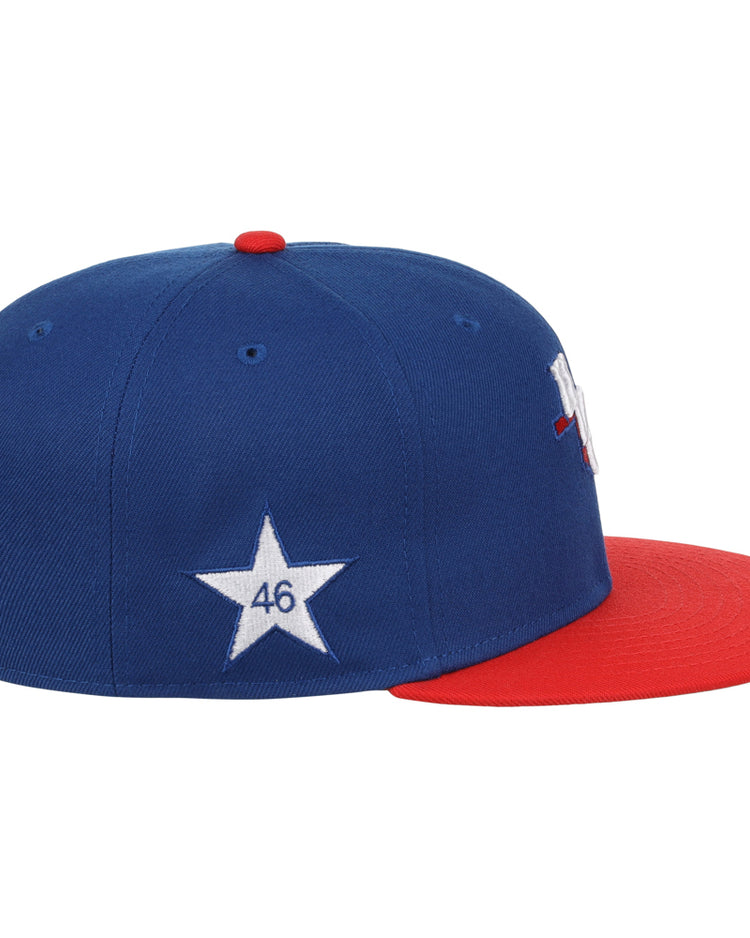 The Ebbets Field Oklahoma City Dodgers MiLB Two Tone Snapback Ballcap is blue with a red brim and features a white star with the number 46 on the side.