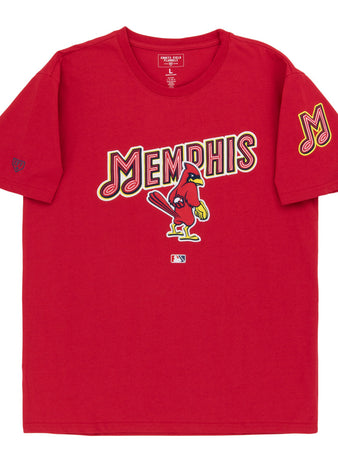 The Ebbets Field Memphis Red Birds MiLB Fashion Cotton Short Sleeve Tee is a red T-shirt with 