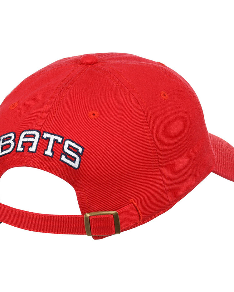 The Ebbets Field Louisville Bats MiLB Dad Ballcap is red, features “BATS” in white with a black outline on the back, and includes an adjustable strap with a metal buckle.
