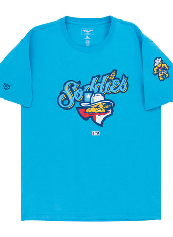 The Ebbets Field Amarillo Sod Poodles MiLB Fashion Cotton Short Sleeve Tee features a bright blue design with a colorful prairie dog “Sod Poodles” logo up front and a smaller graphic on the left sleeve.
