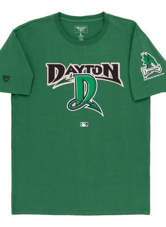 Dayton Dragons MiLB Fashion Cotton Short Sleeve Tee by Ebbets Field features “Dayton” and a stylized D logo on the front, a dragon head with “Dayton Dragons” text on the left sleeve, athletic design, and brand tag at the collar.