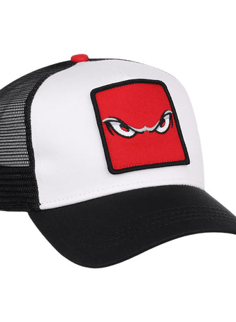 The Ebbets Field Lake Elsinore Storm MiLB Trucker Ballcap features a white front, black mesh back, and black curved brim with a red square patch displaying stylized, angry eyes embroidered on the front.