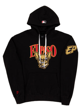 The El Paso Chihuahuas MiLB Cotton Hooded Sweatshirt by Ebbets Field features bold red and yellow 