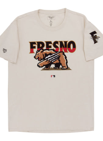 The Ebbets Field Fresno Grizzlies MiLB Fashion Cotton Short Sleeve Tee is a beige shirt with a bear graphic and claw marks, 