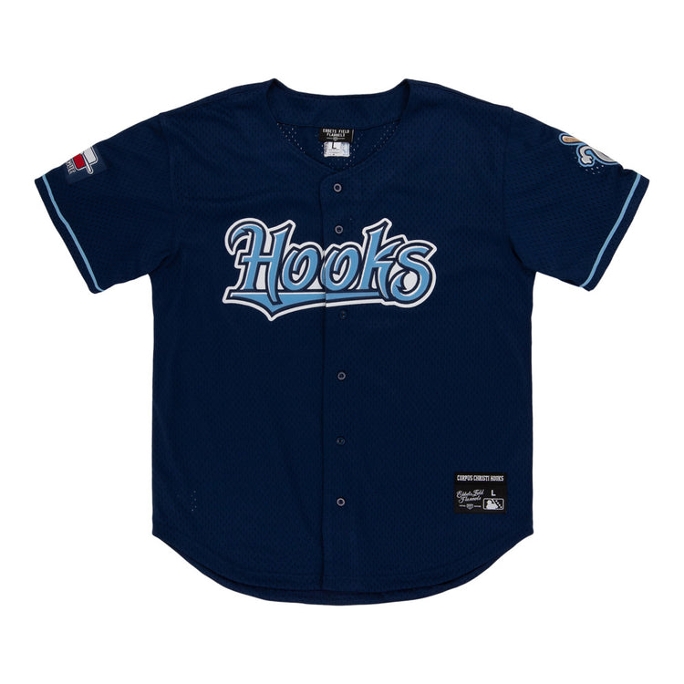 The Ebbets Field Corpus Christi Hooks MiLB Button Down Jersey features navy blue fabric, 