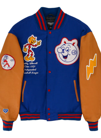 The Ebbets Field Reddy Kilowatt DNA Varsity Jacket is blue and orange, with cartoon baseball patches, smiling baseball faces, a lightning bolt, and an “Officially Licensed Cooperstown Baseball League” patch.