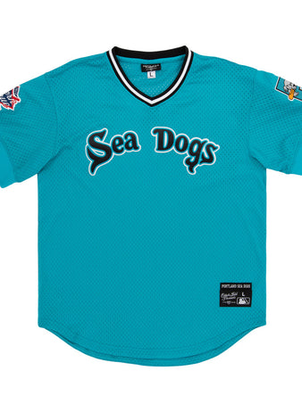 The Ebbets Field Portland Sea Dogs MiLB V-Neck Jersey features a teal design with 