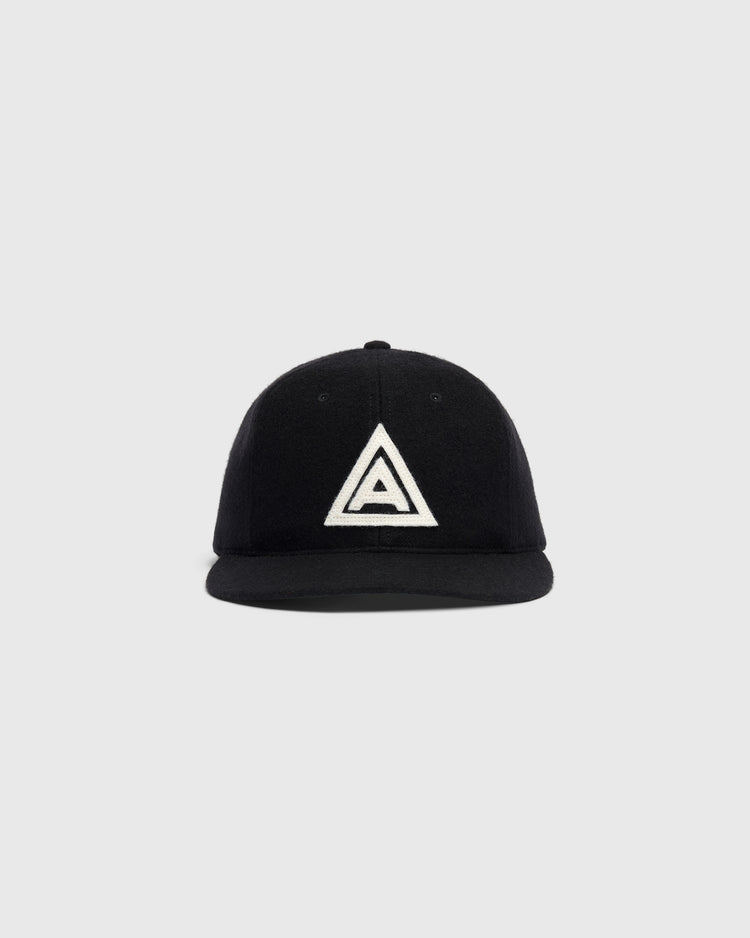 Ebbets Field Mystery Caps of Mexico – Agrario de México 1935 Wool Ballcap, a black wool cap featuring an embroidered white triangle containing a white letter A on the front.