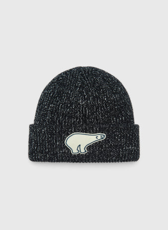 Cerveceria Polar Bear Felt Patch Ribbed Beanie in black and white speckled rib-knit featuring a white felt polar bear patch on the cuff.