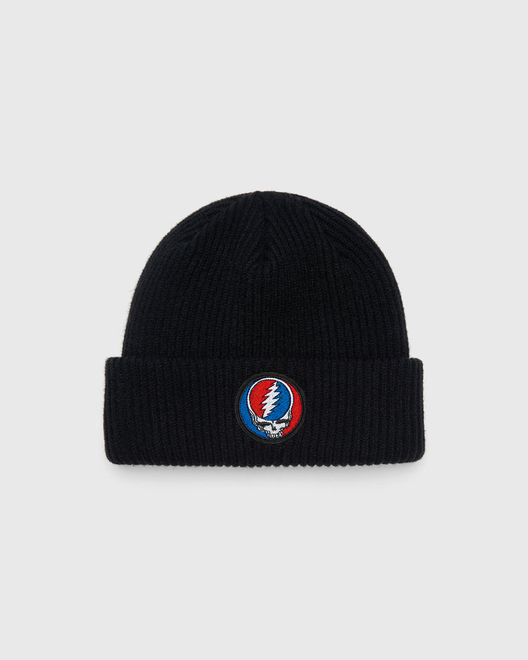 Black ribbed cuffed Ebbets Field Grateful Dead Stealie Felt Patch Ribbed Beanie with a circular Grateful Dead Steal Your Face patch on the front.