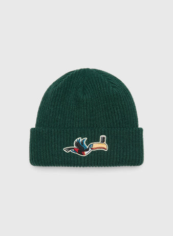 Dark green Ebbets Field Guinness Flying Toucan Felt Patch Ribbed Beanie featuring a felt patch of a Guinness toucan balancing a glass of stout on its beak.