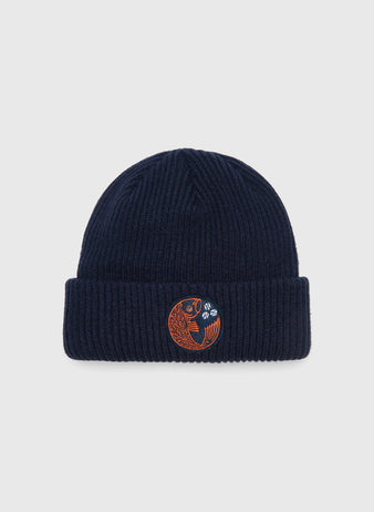 Navy blue ribbed knit Ebbets Field Hiroshima Carp Felt Patch Ribbed Beanie with a circular patch featuring an orange carp and a white baseball.