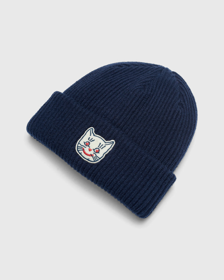 Navy blue Kansas City Katz Felt Patch Ribbed Beanie with a folded cuff and a white felt patch of a cartoon cat face.