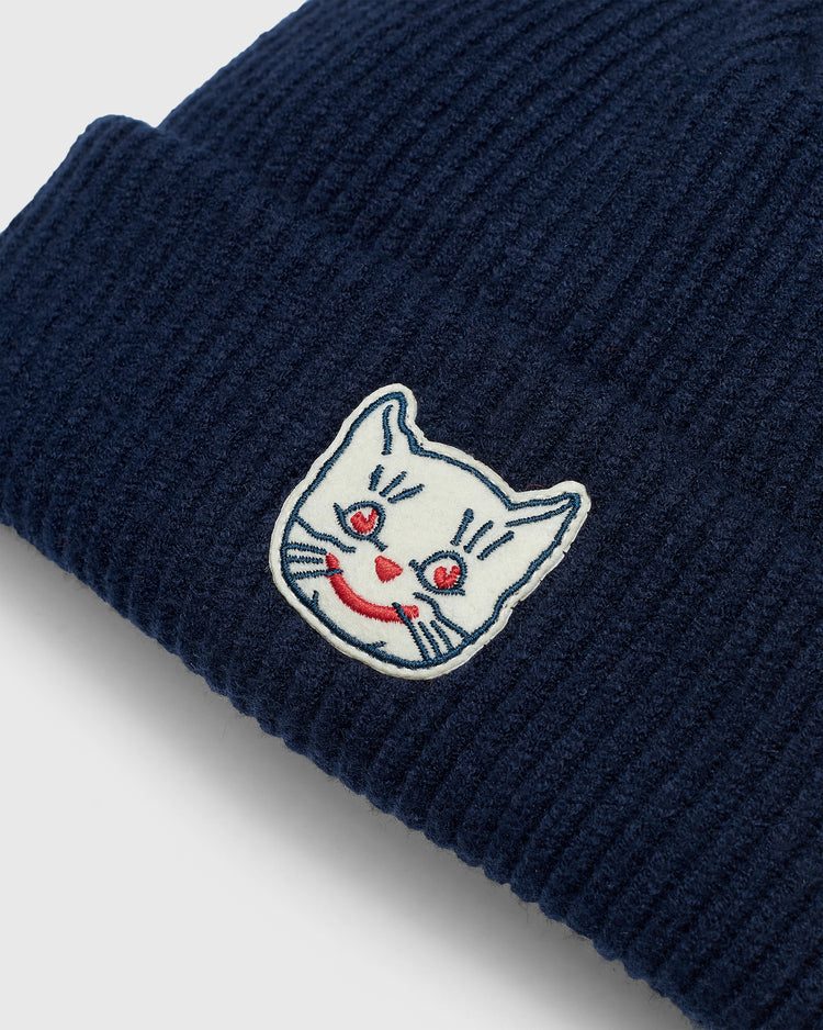 Navy rib-knit Kansas City Katz Felt Patch Ribbed Beanie featuring a felt patch of a cartoon cat face.