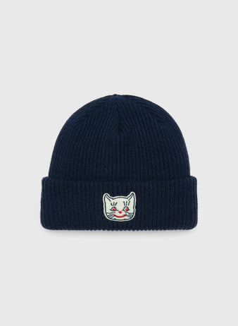 Navy Kansas City Katz Felt Patch Ribbed Beanie with a rib-knit texture and a felt patch of a smiling cartoon cat on the cuff.