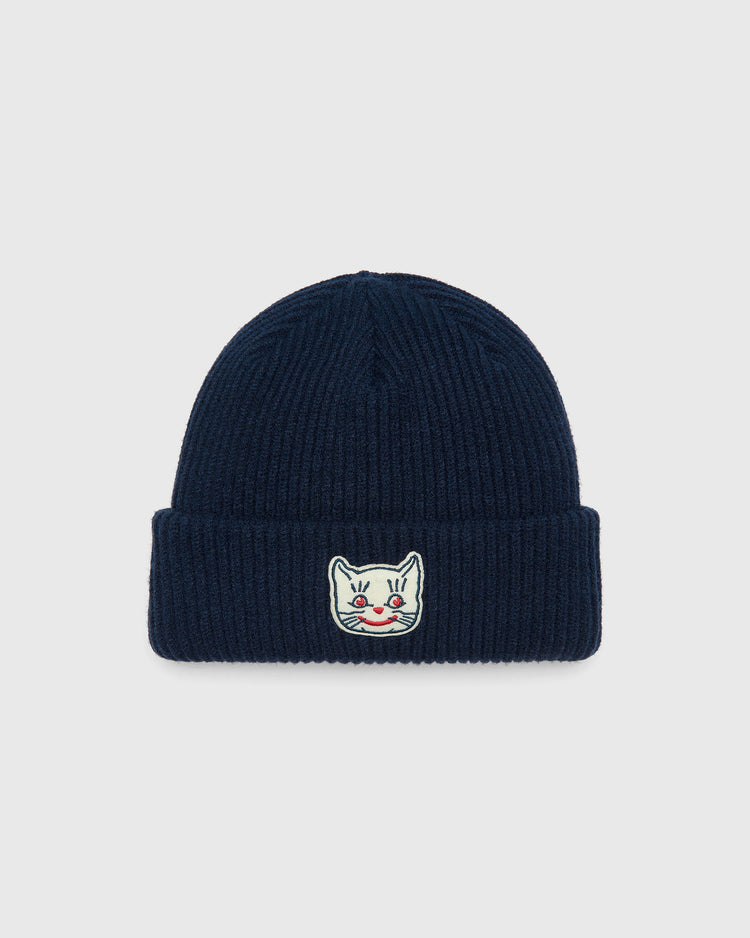 Navy Kansas City Katz Felt Patch Ribbed Beanie with a rib-knit texture and a felt patch of a smiling cartoon cat on the cuff.