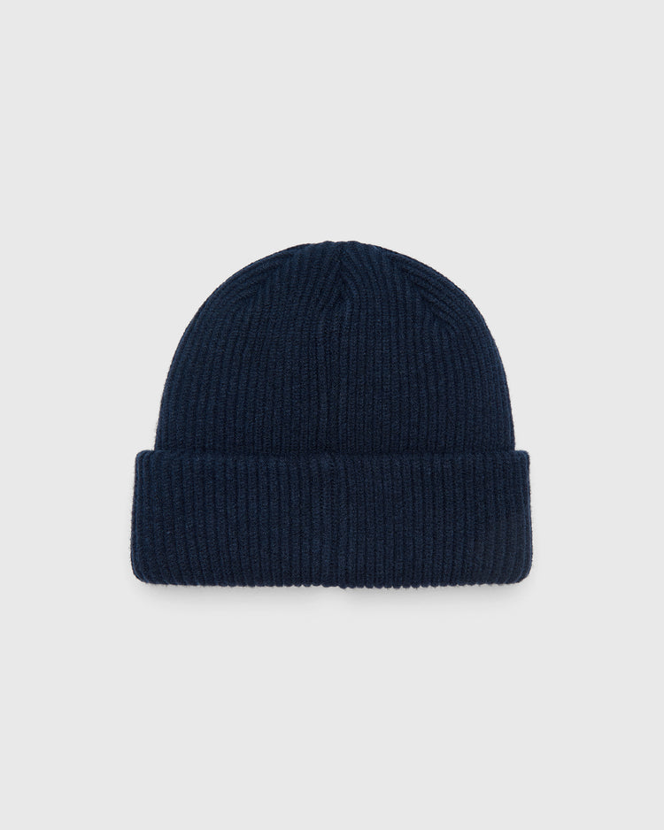 Navy blue Kansas City Katz Felt Patch Ribbed Beanie with a folded cuff.