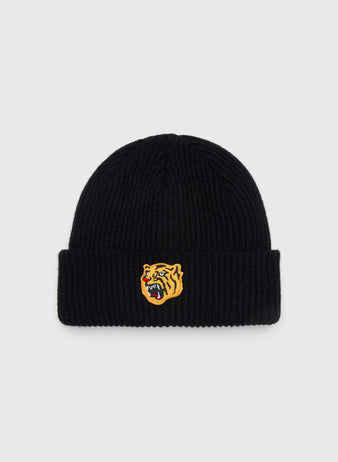 Osaka Tigers Beanie Felt Patch Ribbed Beanie: a black rib-knit beanie with a folded cuff featuring a yellow tiger head patch.