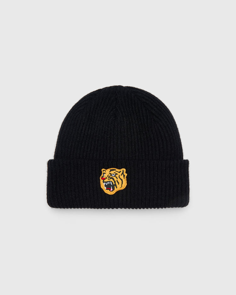 Osaka Tigers Beanie Felt Patch Ribbed Beanie: a black rib-knit beanie with a folded cuff featuring a yellow tiger head patch.