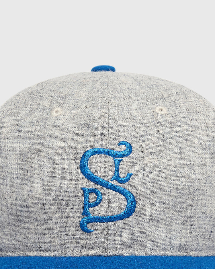 Ebbets Field Mystery Caps of Mexico – San Luis Potosi 1926 Wool Ballcap in light grey wool, featuring a blue embroidered SL monogram and a blue brim.