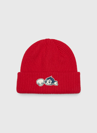 Red ribbed knit Sankei Atoms Felt Patch Ribbed Beanie featuring an embroidered Astro Boy patch.