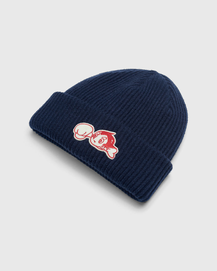 Navy blue ribbed knit Ebbets Field Sankei Atoms Felt Patch Ribbed Beanie featuring an embroidered Astro Boy patch.
