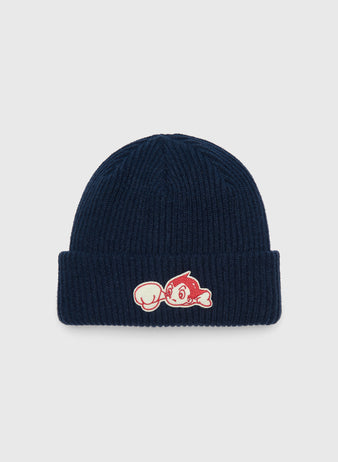 Navy blue ribbed Sankei Atoms Felt Patch Ribbed Beanie featuring a felt Astro Boy patch on the cuff, inspired by Tokyo baseball history.