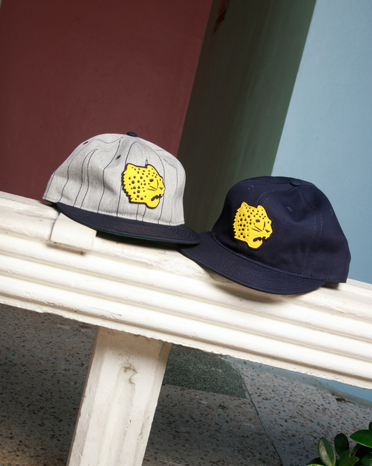 Two Ebbets Field Santa Clara Leopardos 1925 cotton twill ballcaps—a gray pinstriped and a navy blue—rest on a white bench, each with a yellow cartoon fish patch. A pink and blue wall adds color to the scene.