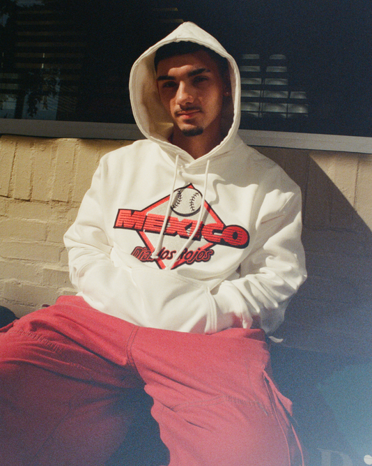 A young man sits by a brick wall in natural light, wearing the Ebbets Field Diablos Rojos del Mexico Heavyweight Cotton Terry Pullover Hoodie with a baseball graphic and red pants, calmly gazing at the camera with his hood up.