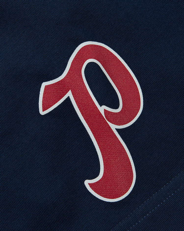 The Portland Beavers Ebbets Tee with Back Print by Ebbets Field features a large red stylized P with a white outline on dark blue fabric.