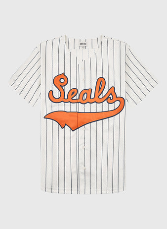 The Ebbets Field San Francisco Seals 1940 Mesh Baseball Jersey is a white, short-sleeved jersey with black pinstripes and bold orange 
