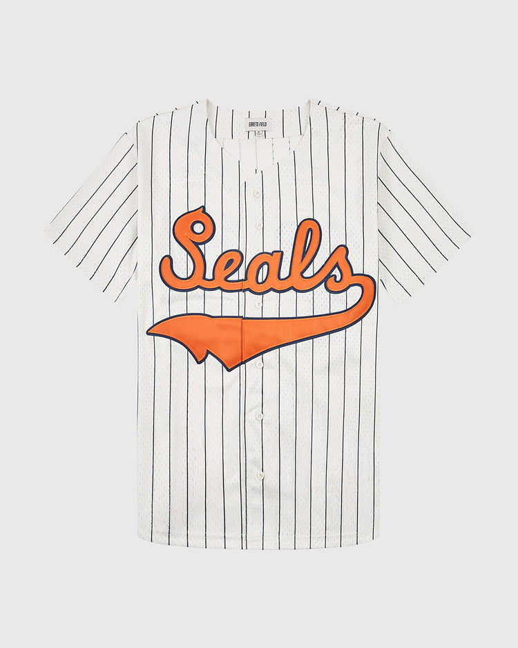 The Ebbets Field San Francisco Seals 1940 Mesh Baseball Jersey is a white, short-sleeved jersey with black pinstripes and bold orange 