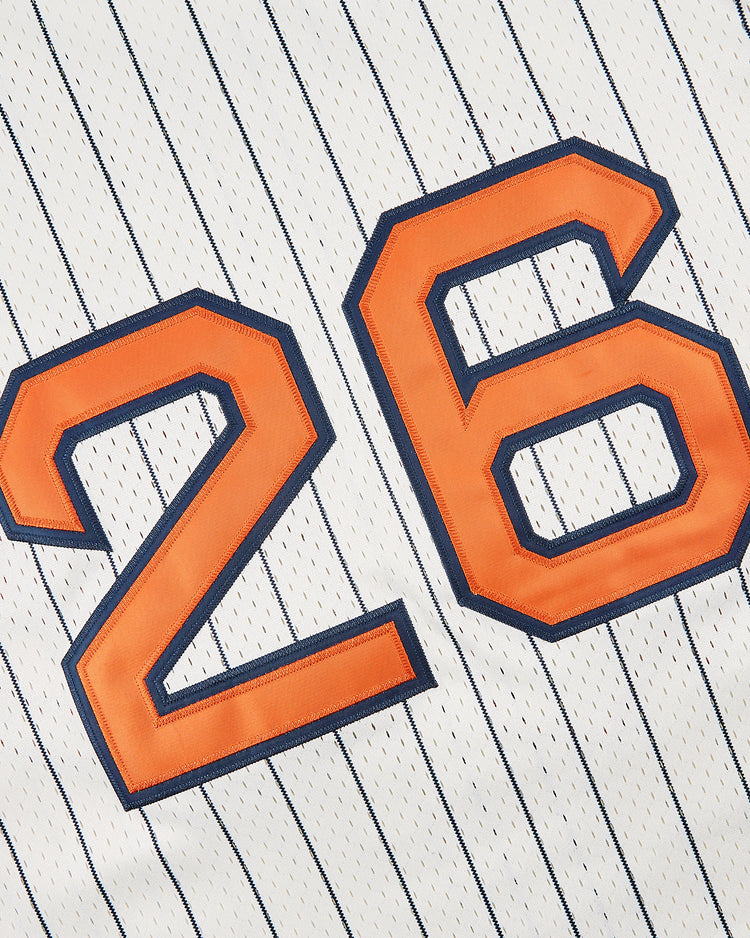 Close-up of the Ebbets Field San Francisco Seals 1940 Mesh Baseball Jersey, featuring white pinstripes and a large orange 26 with black outline, inspired by classic Pacific Coast League uniforms.
