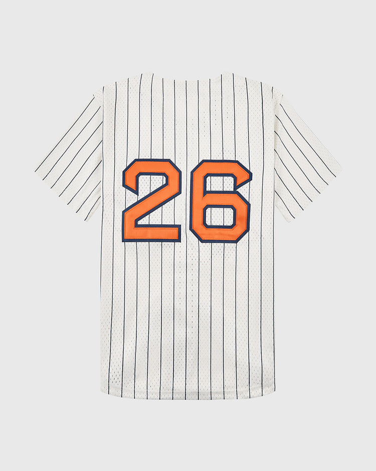 The Ebbets Field San Francisco Seals 1940 Mesh Baseball Jersey features white mesh fabric with thin black pinstripes, inspired by the Pacific Coast League. The back displays a large orange and blue number 26 on short sleeves.