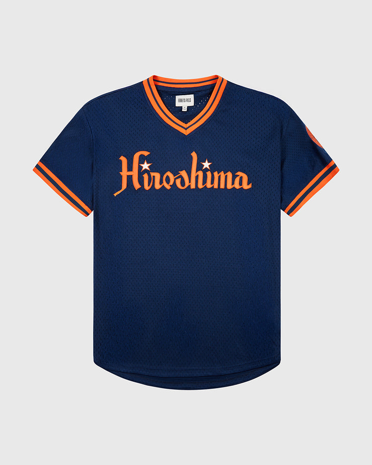 The Ebbets Field Hiroshima Carp Mesh V-Neck Jersey features navy blue mesh with orange trim and 
