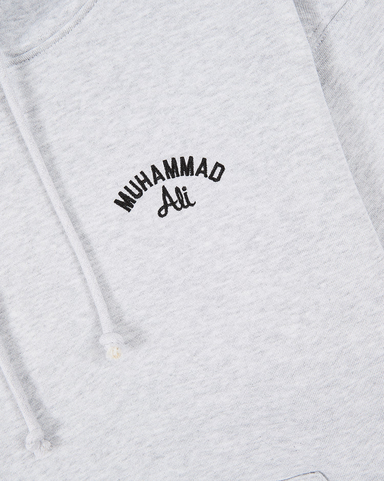 Ebbets Field's Muhammad Ali Chest Embroidered Heavyweight Cotton Terry Pullover Hoodie in light gray features black 