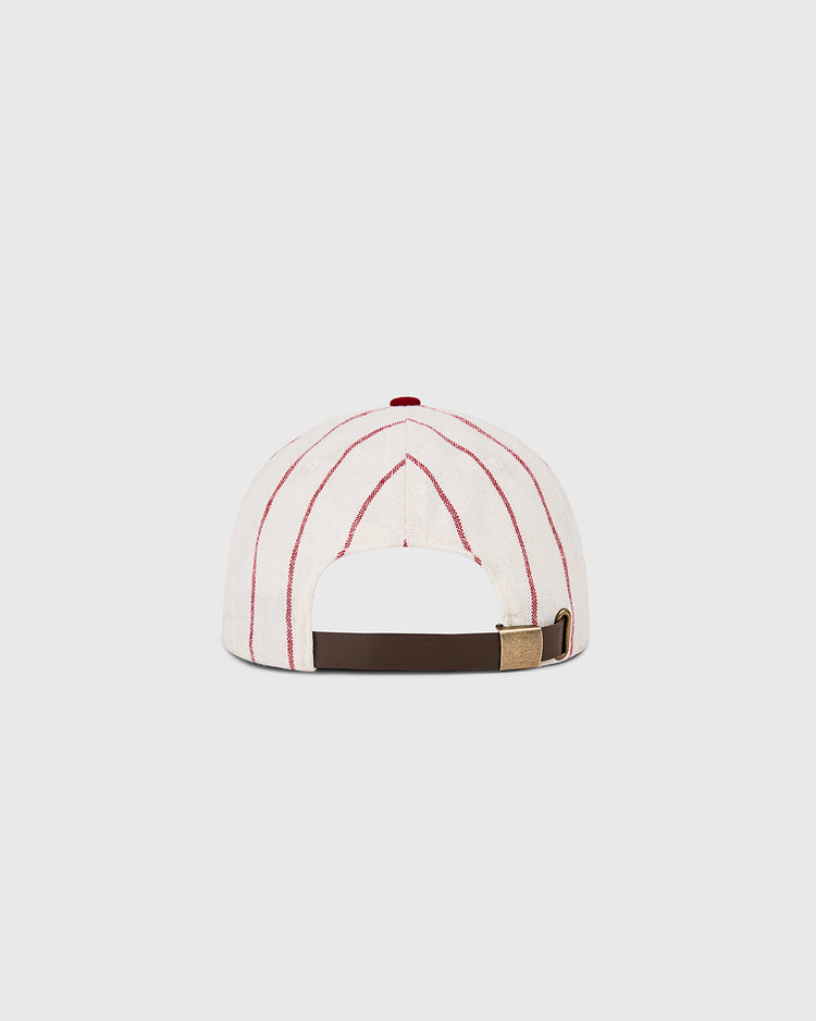 The Ebbets Field Cincinnati Reds 1958 MLB Authentic Wool Ballcap, part of the Decade of Change Collection, features red vertical stripes and an adjustable brown strap with a gold buckle, shown from the back.