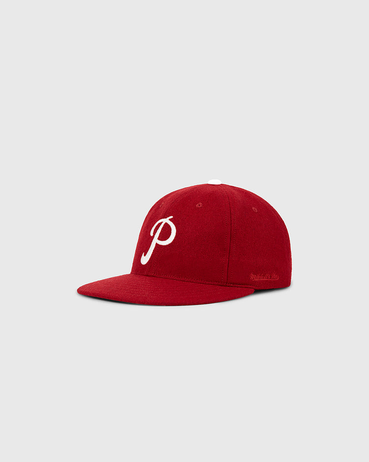 The Philadelphia Phillies 1964 MLB Authentic Wool Ballcap by Ebbets Field is red with a white 