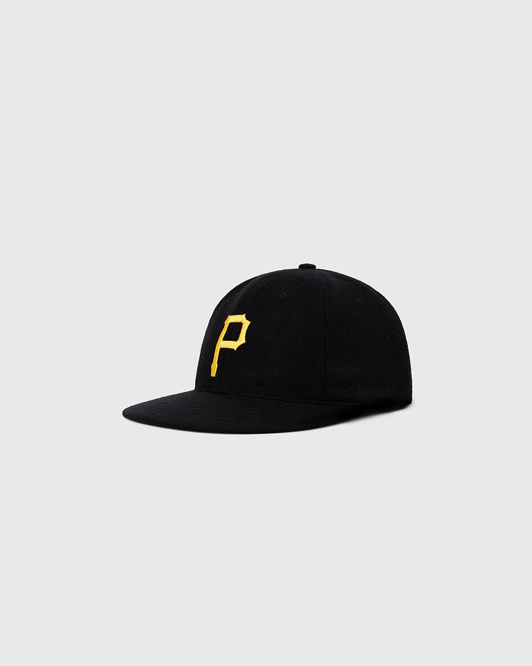 The Ebbets Field Pittsburgh Pirates 1960 MLB Authentic Wool Ballcap is a black cap with a flat brim and a bold yellow 