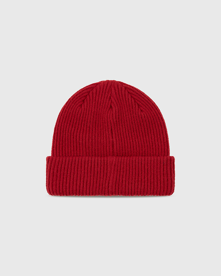 The Ebbets Field Seattle Rainiers Embroidered Logo Ribbed Beanie features a classic wide folded brim and is shown on a light gray background.