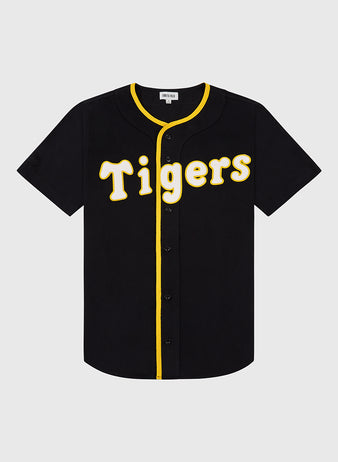 The Ebbets Field Osaka Tigers Cotton Twill Baseball Jersey features short sleeves, black cotton twill, yellow center piping, and 