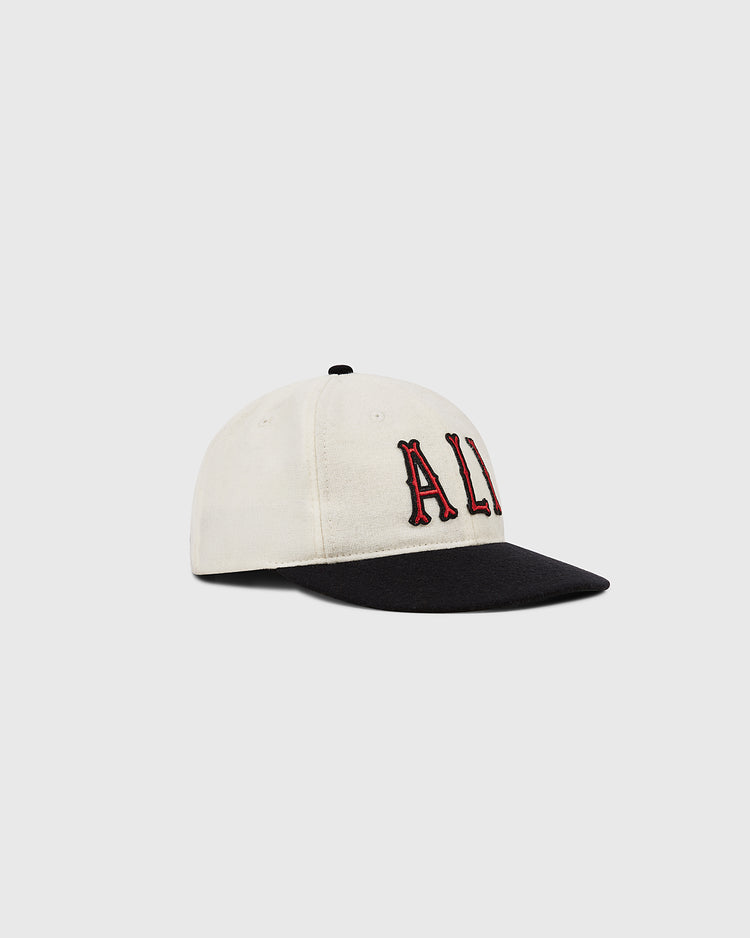 The Ebbets Field Muhammad Ali Vintage Inspired Wool Ballcap features a white crown, black brim, and bold red 