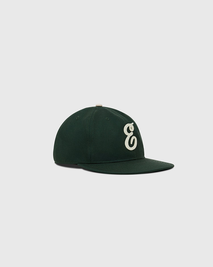 The Ebbets Field Ebbets Felt 'E' Cotton Twill Ballcap is a dark green cap with a curved brim and white 