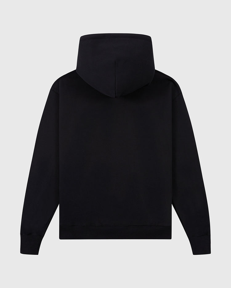 The Ebbets Field Sioux City Ghosts Double Felt Heavyweight Cotton Terry Pullover Hoodie shown in plain black from the back, with a hood and long sleeves, set against a light gray background for a classic vintage look.