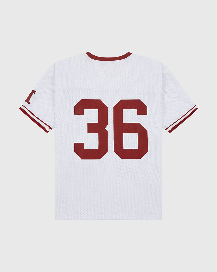 The Ebbets Field Harvard Vintage Mesh Football Jersey features a white throwback design with red sleeve and collar trim, a large red 36 on the back, and a red “I” on the left sleeve. Made in the USA.